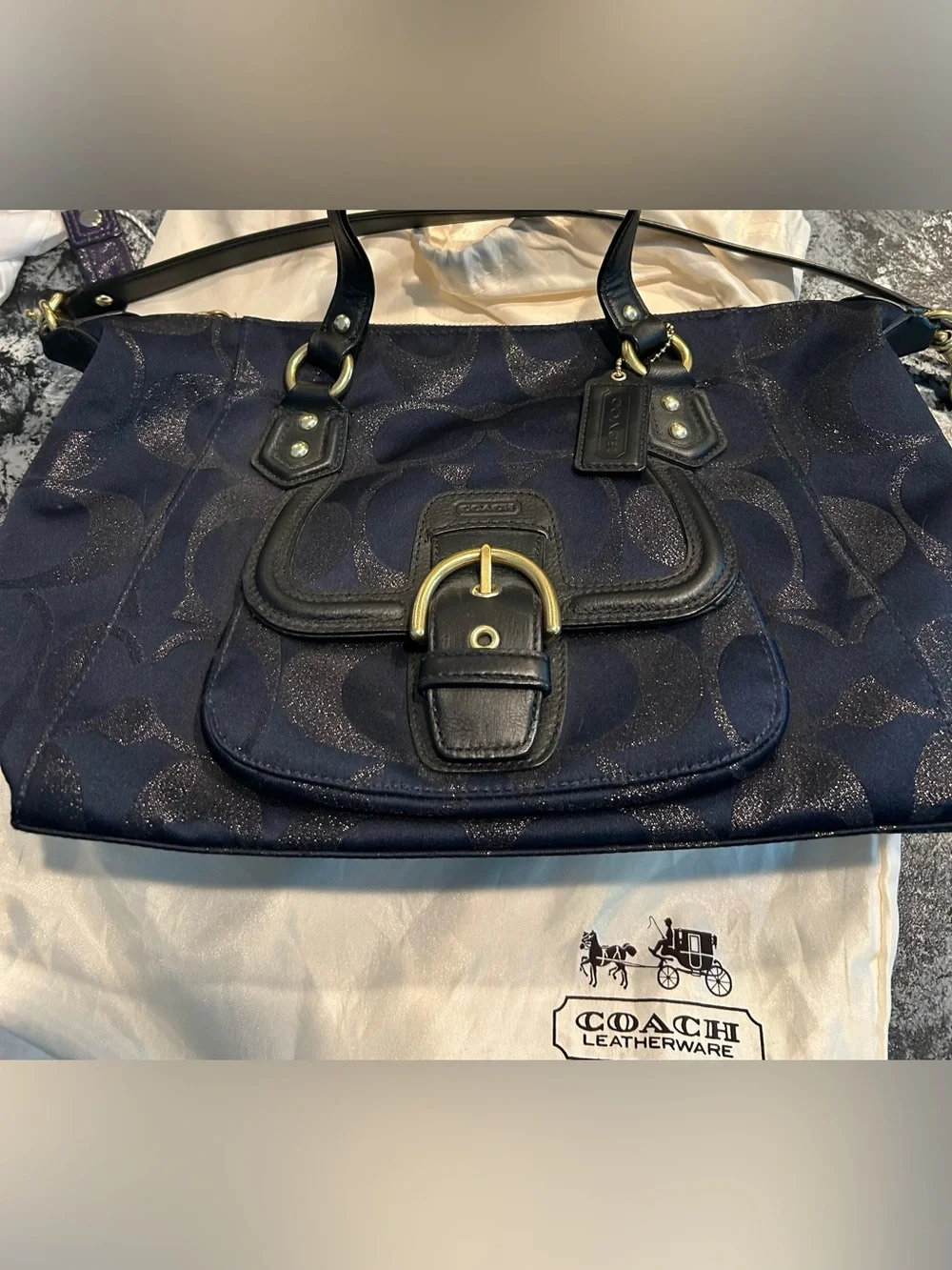 Coach Campbell Signature Metallic Satchel Navy Blue Black F26246